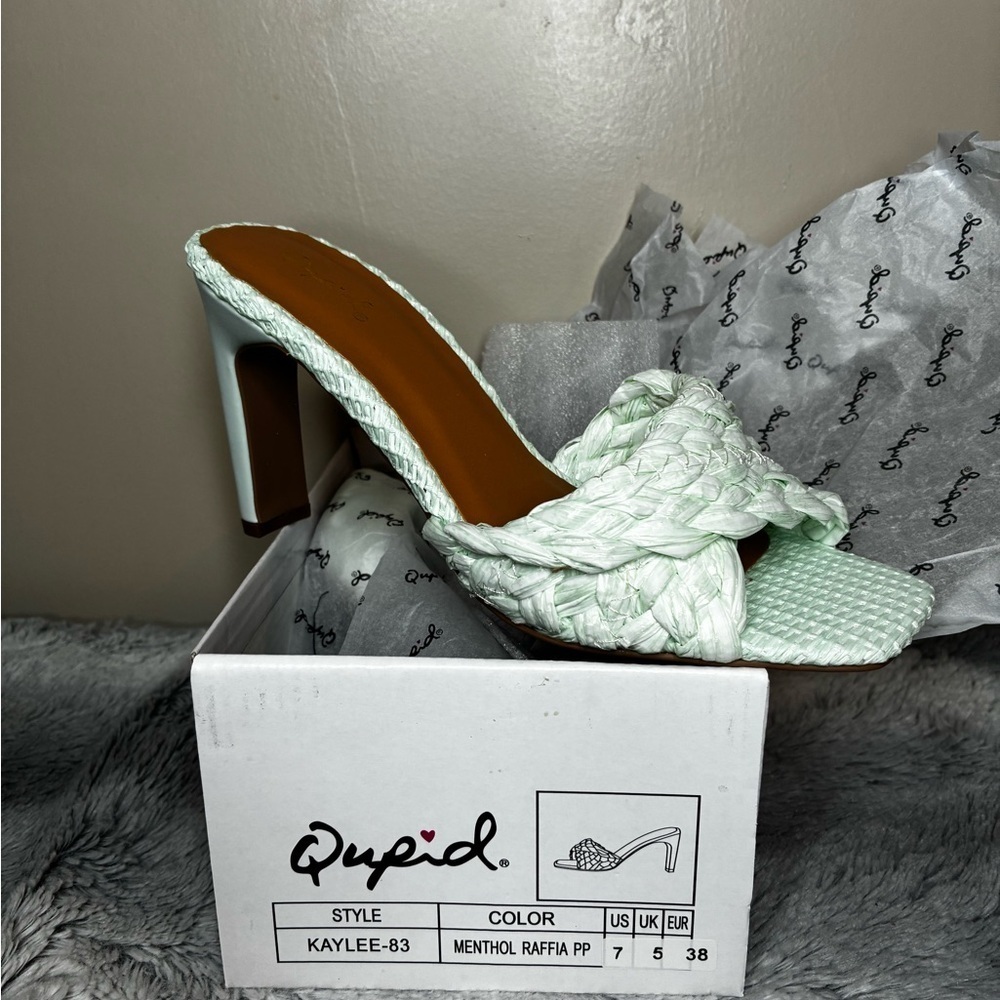 💰Qupid NEW 7 Teal Mint Pastel Raffia Braided Heels Pumps Sandals Soft Girl